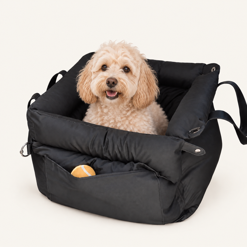 Cream dog resting in the black Car Bed on an off-white background; ball shown is not included.