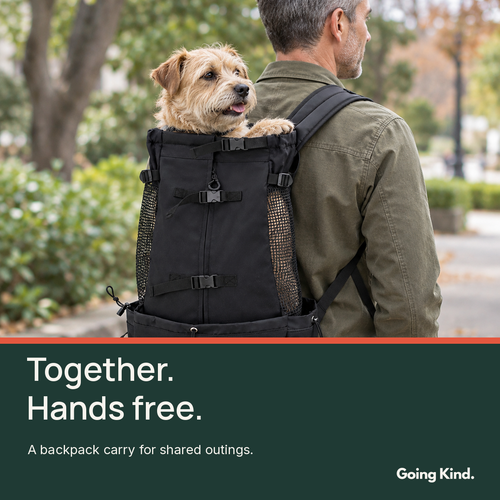 Illustration of an adult carrying a small dog in the Black Carrier Backpack.