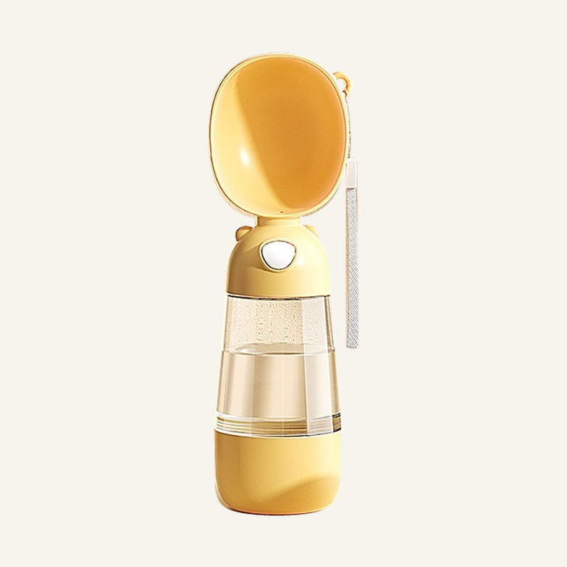 Yellow 3086 Flagship Food & Water Bottle with clear water reservoir, lower food cup and drinking tray.