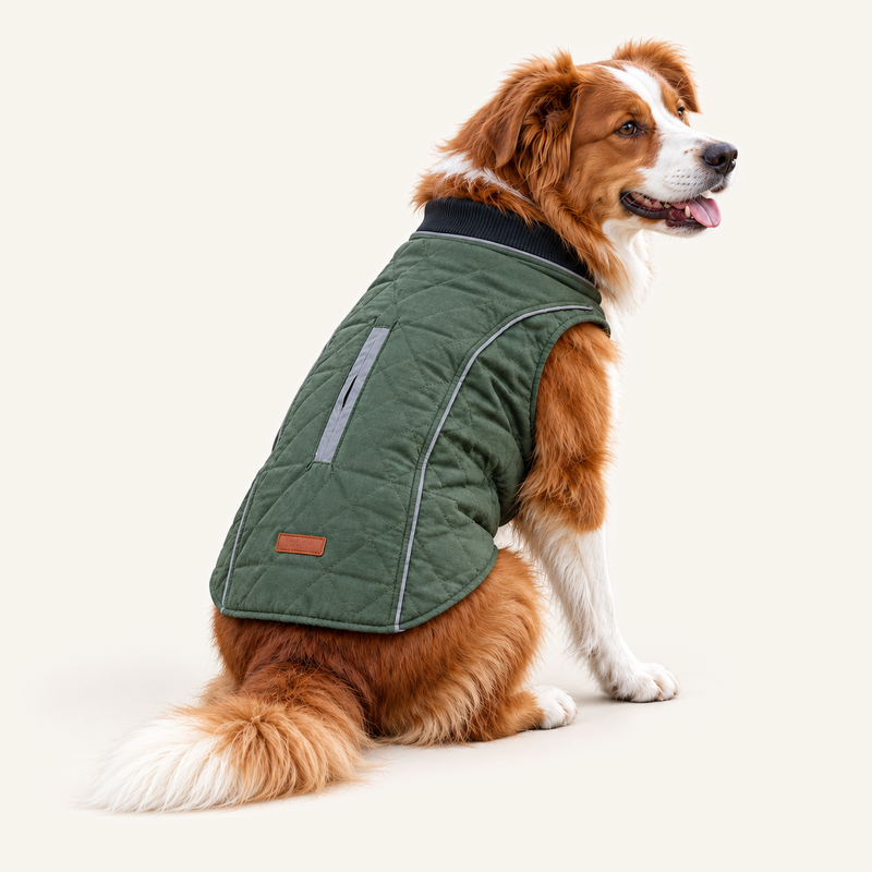 Adult dog wearing Green Quilted Dog Vest on an off-white background.